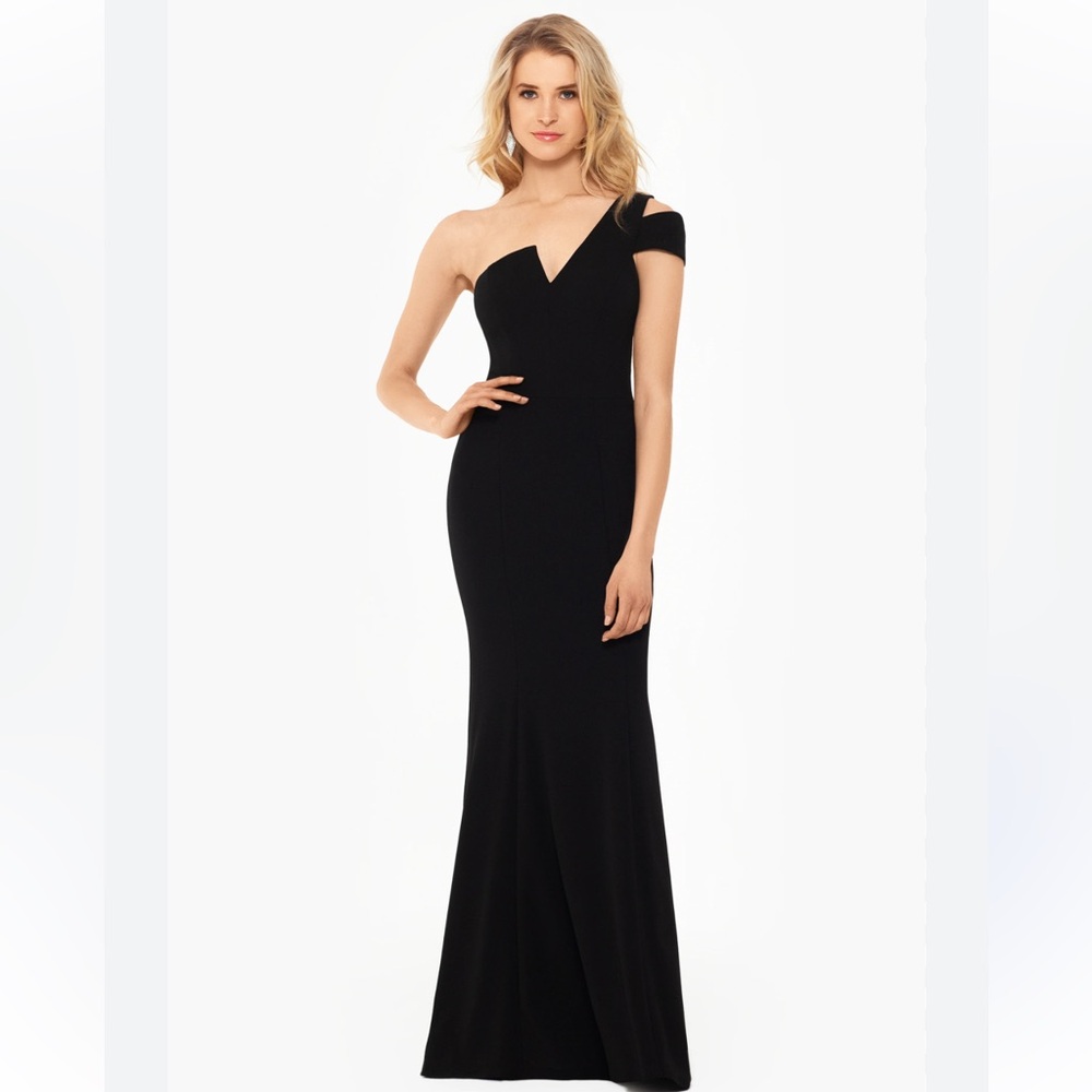 Betsy & Adam One-Shoulder Black Evening Gown